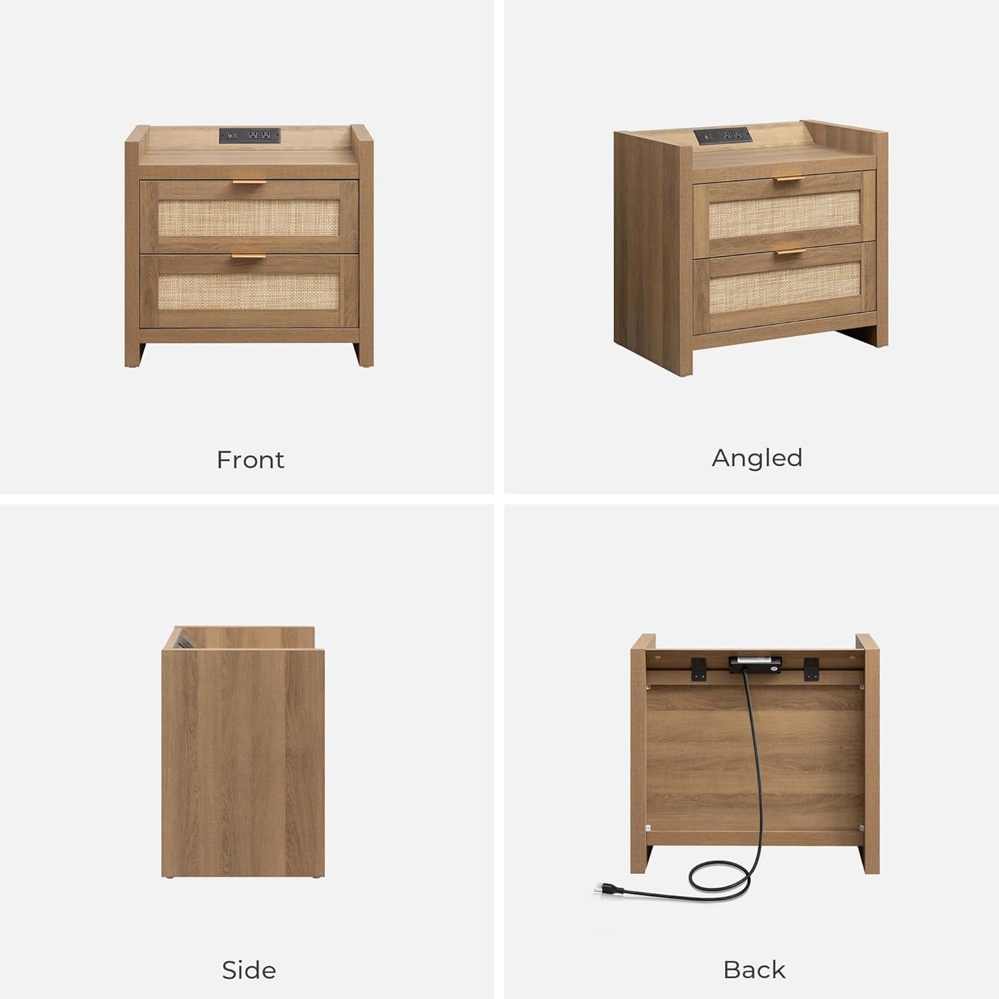 Modern Oak Rattan Nightstands with Charging Station – Set of 2