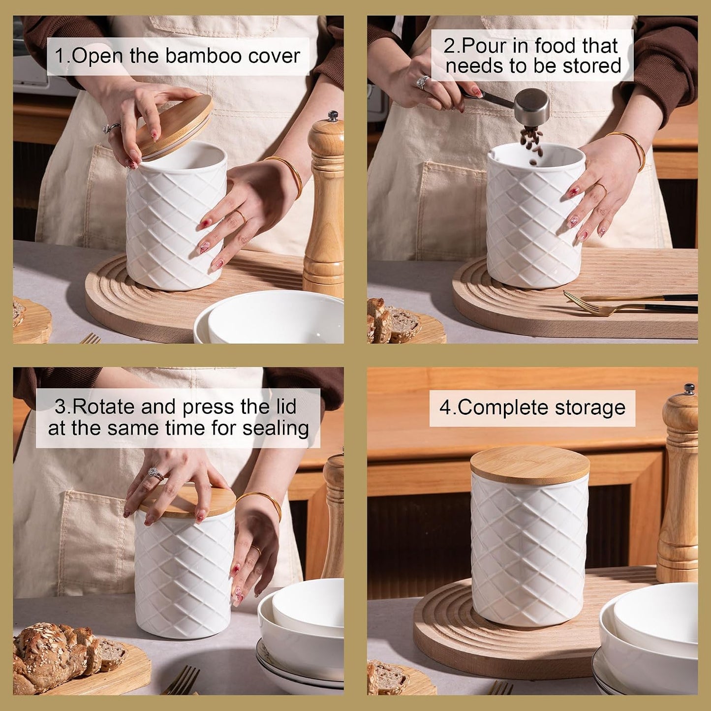 Embossed Ceramic Kitchen Canister Set with Bamboo Lids