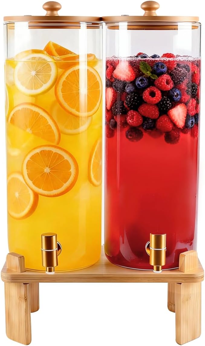 Glass Beverage Dispenser Set with Wooden Stand (2 x 1.5 Gallon)
