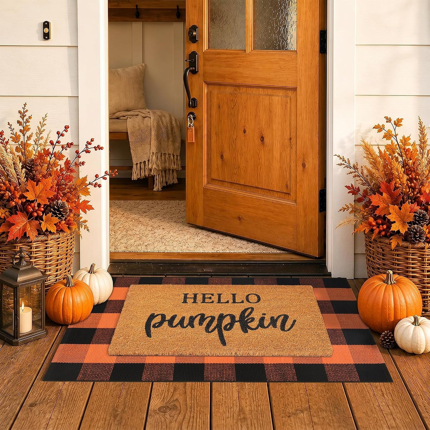 Fall Coir Welcome Mat & Plaid Rug Set