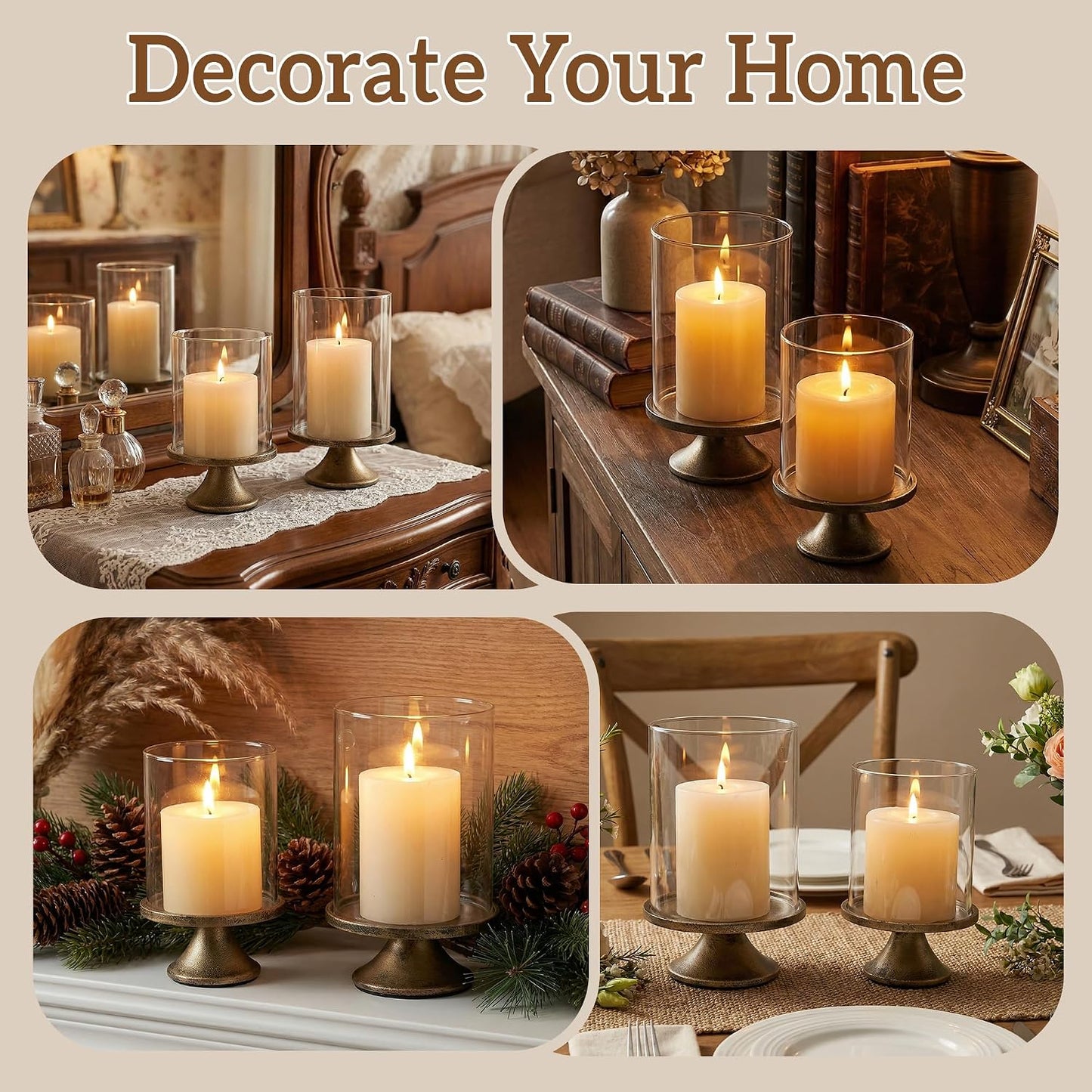Set of 2 Hurricane Candle Holders with Glass Domes & Iron Bases
