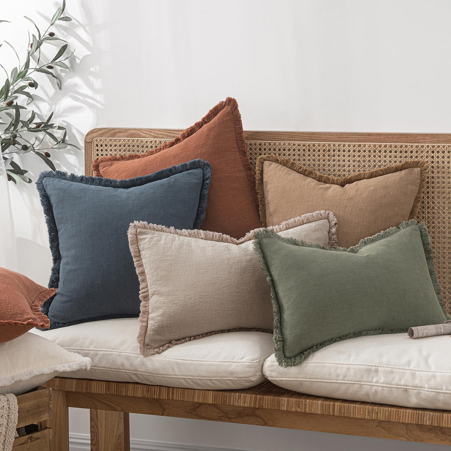 Decorative Throw Pillow Covers Neutral Linen Fringe Throw Pillows Set of 2 Natural Linen Boho Farmhouse Cushion Covers with Tassels for Couch Sofa Bed Spring Home Decor 24X24 Inch