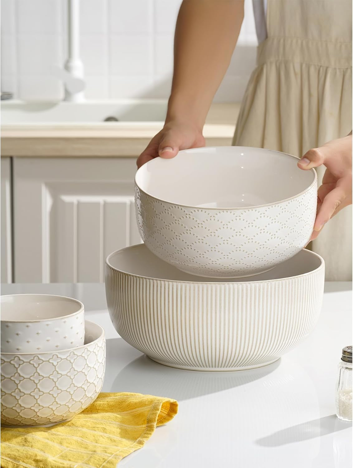 Large embossed ceramic mixing bowl with textured stoneware design.