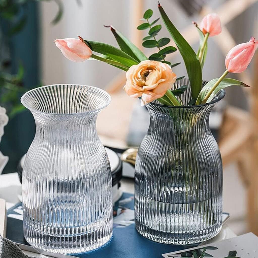 Modern Ribbed Glass Vase | Clear Decorative Flower Vase