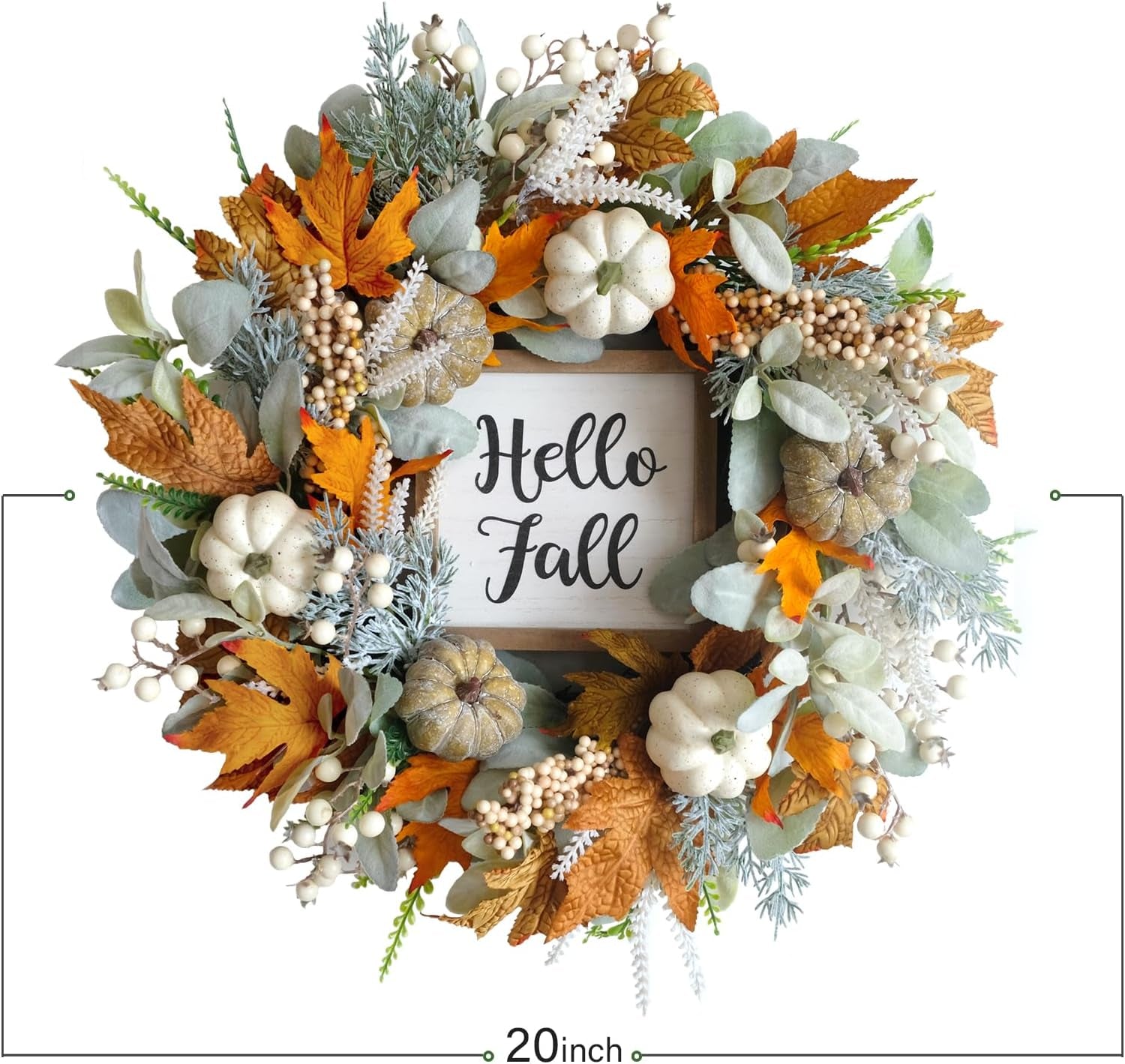 20-Inch Fall Wreath with Eucalyptus, Berries & Pumpkins