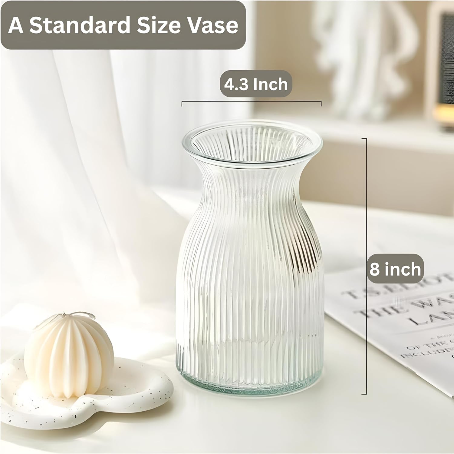 Modern Ribbed Glass Vase | Clear Decorative Flower Vase