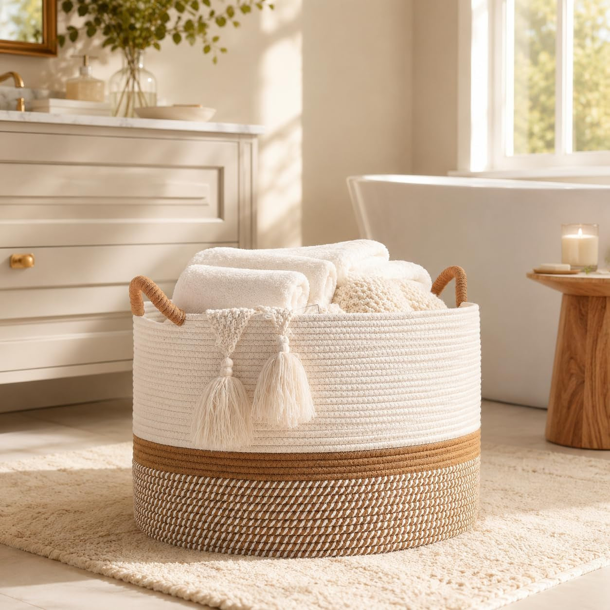 Large Cotton Rope Blanket Basket with Handles | Decorative Storage Basket