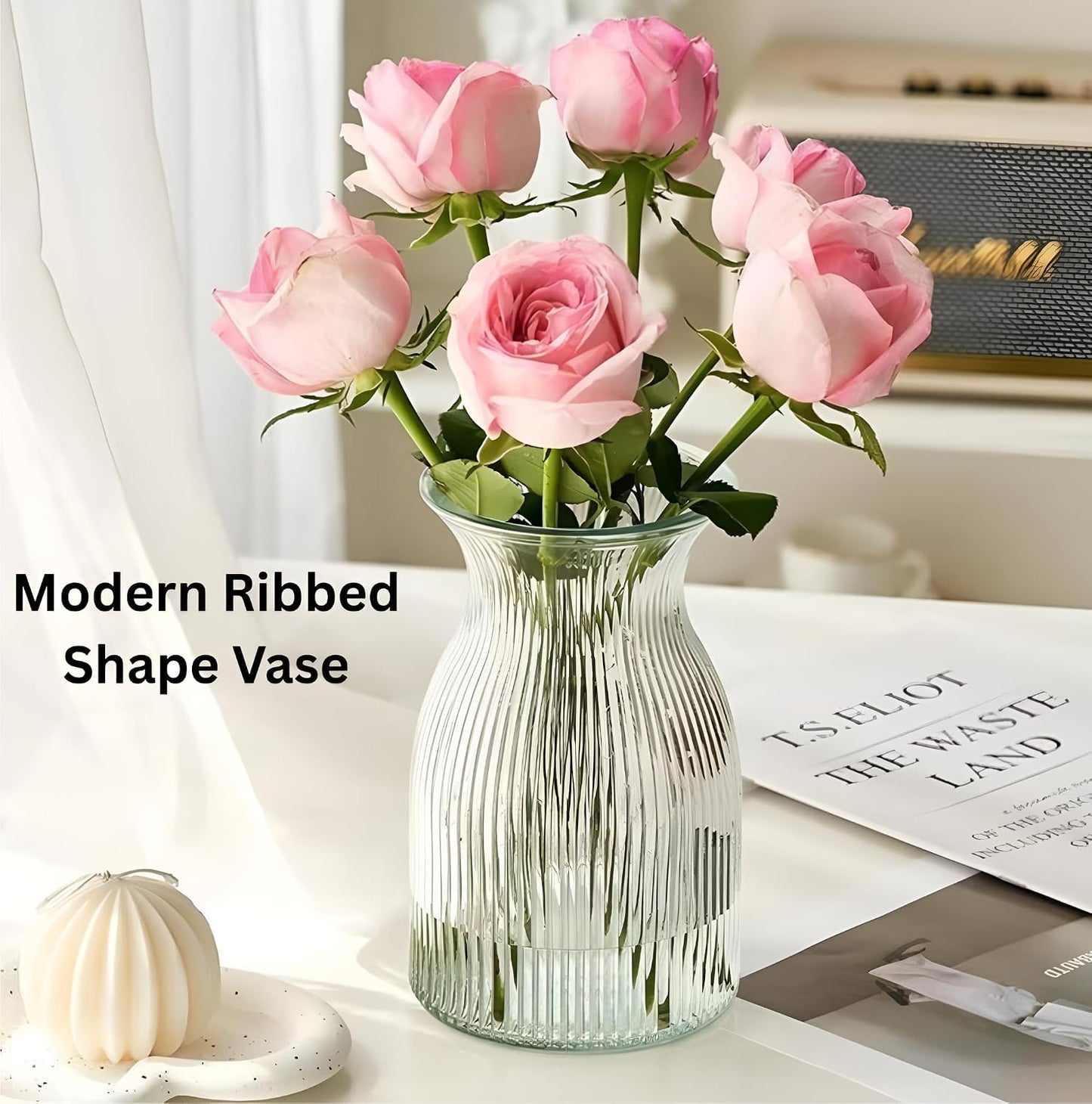 Modern Ribbed Glass Vase | Clear Decorative Flower Vase