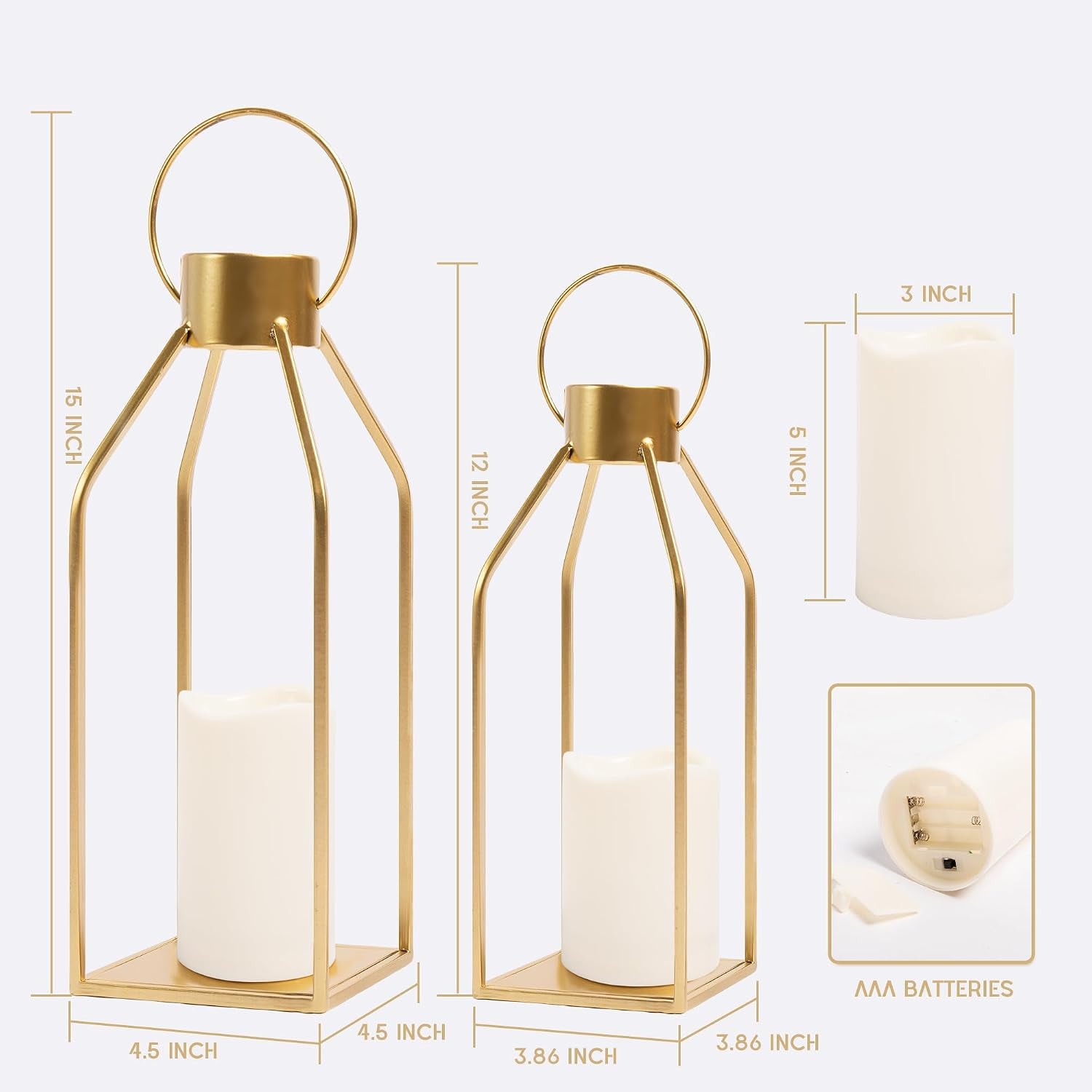 Modern Gold Metal Lantern Set with LED Candles – Set of 2