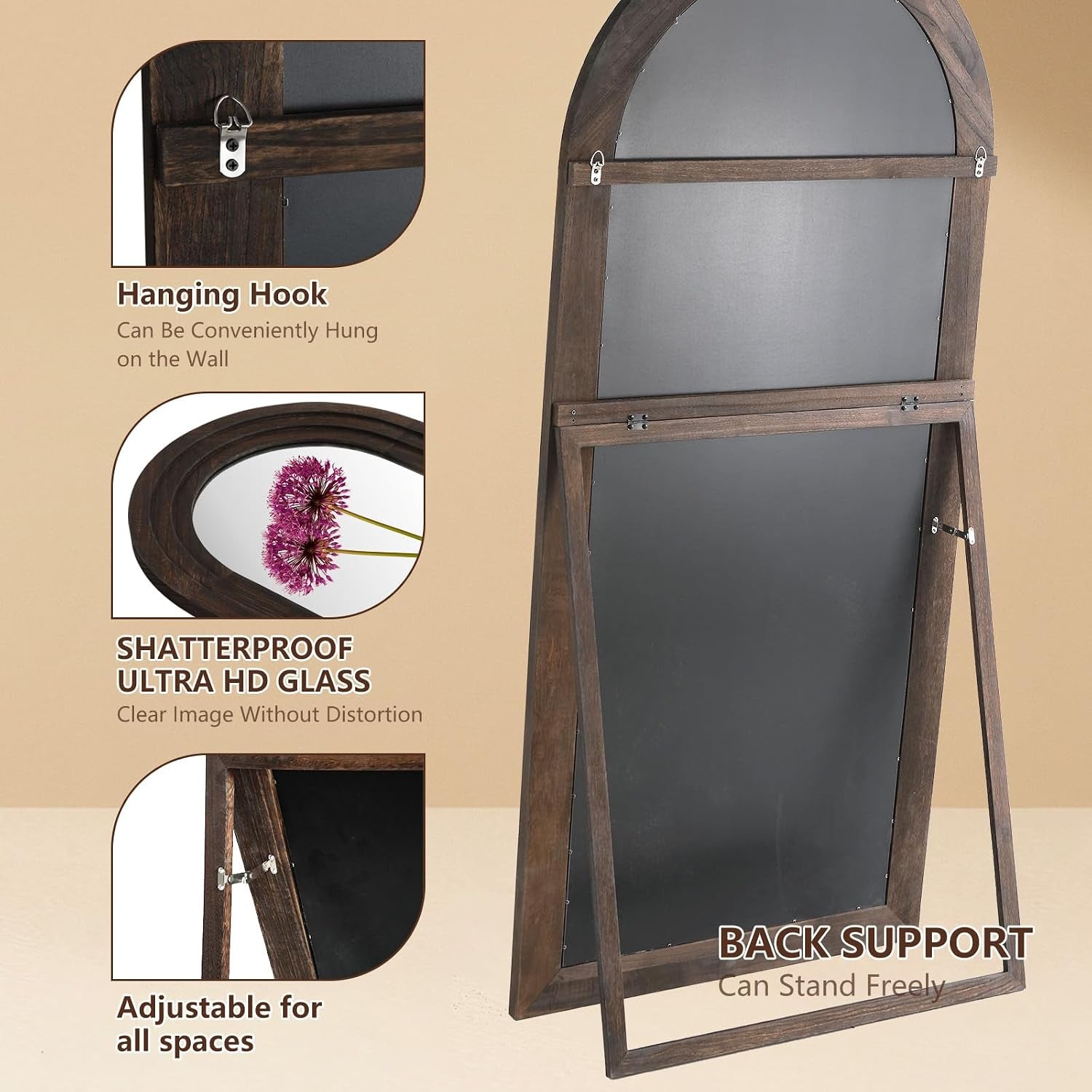 Rustic Arched Full-Length Wood Frame Mirror