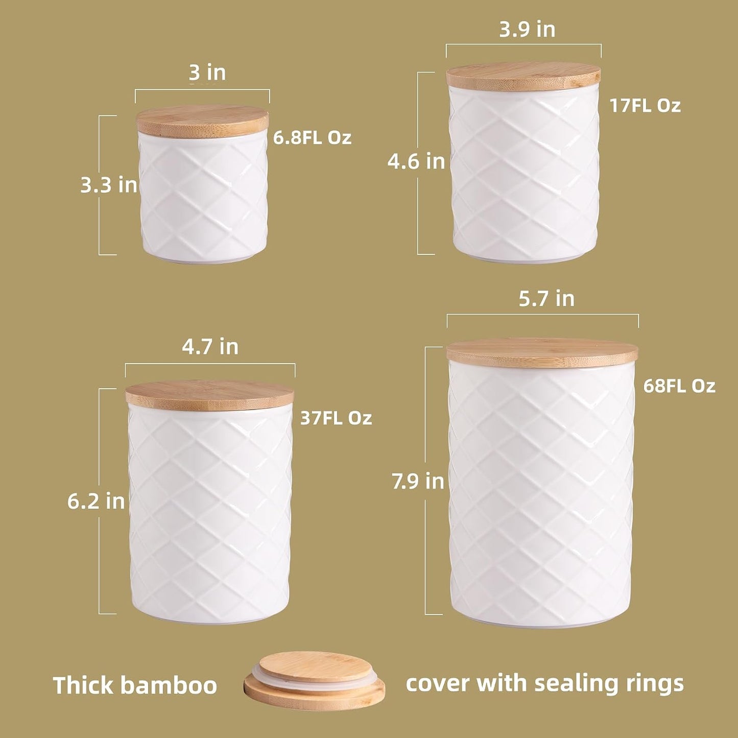 Embossed Ceramic Kitchen Canister Set with Bamboo Lids