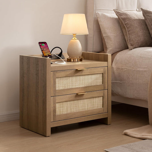 Modern Oak Rattan Nightstands with Charging Station – Set of 2