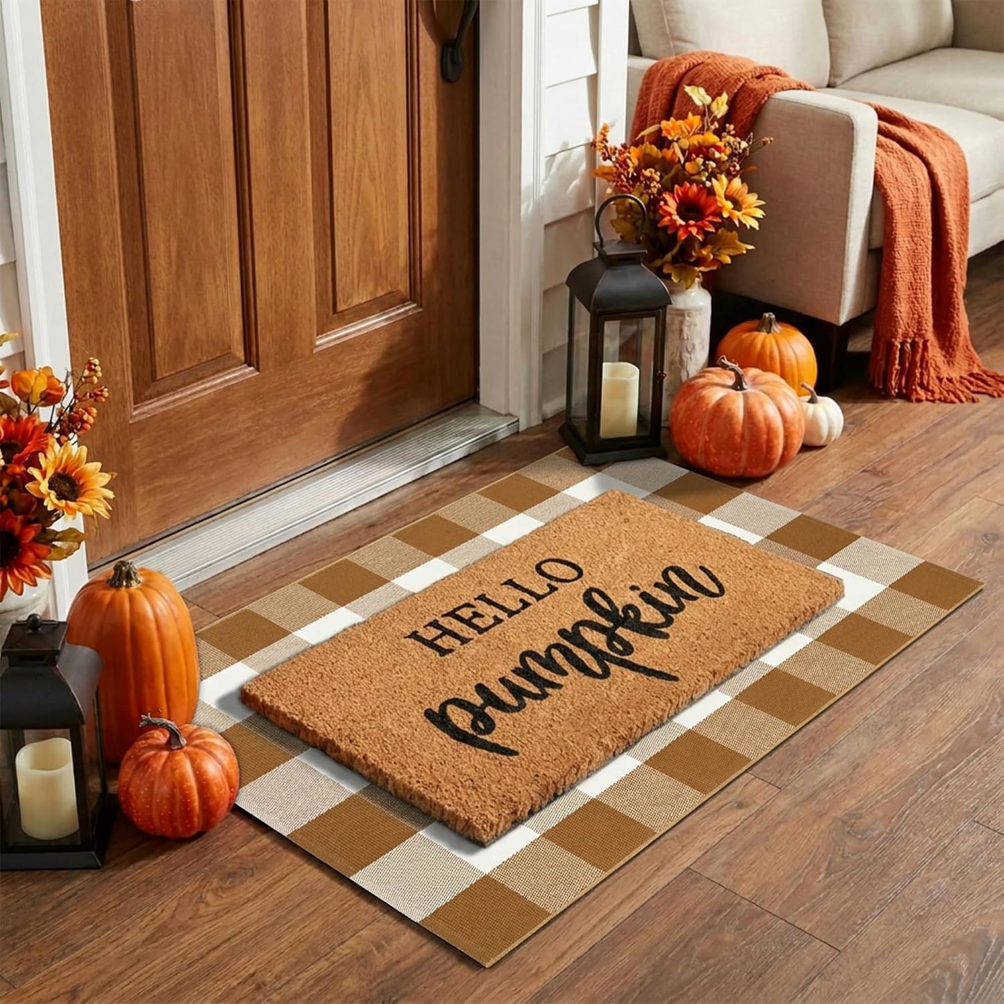 Fall Coir Welcome Mat & Plaid Rug Set