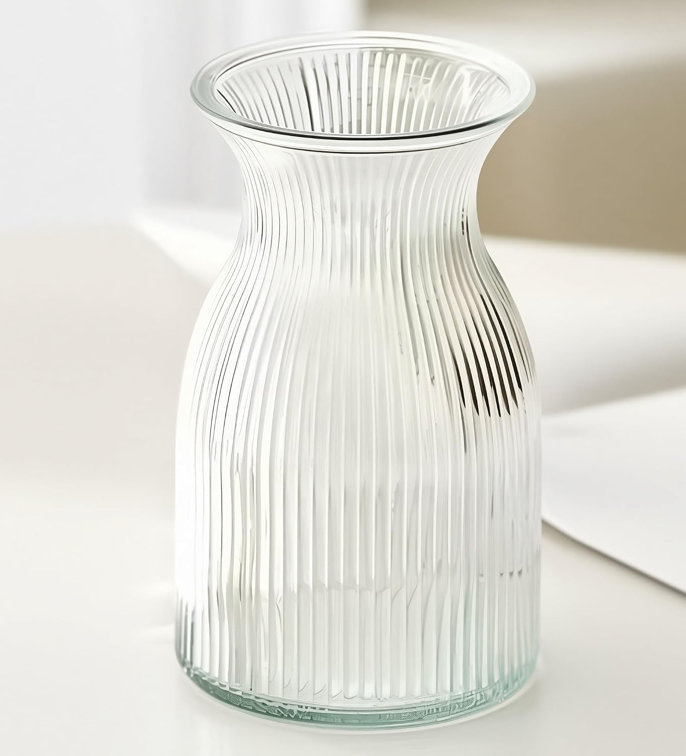Modern Ribbed Glass Vase | Clear Decorative Flower Vase