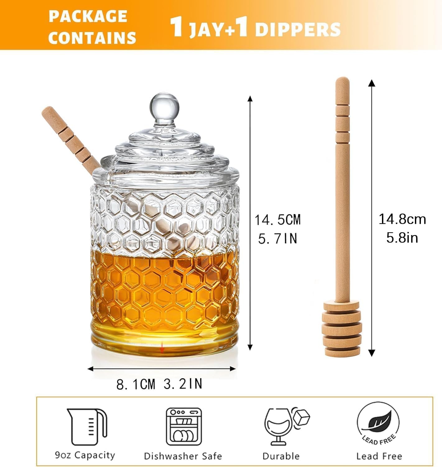 Crystal Glass Honey Jar with Dipper
