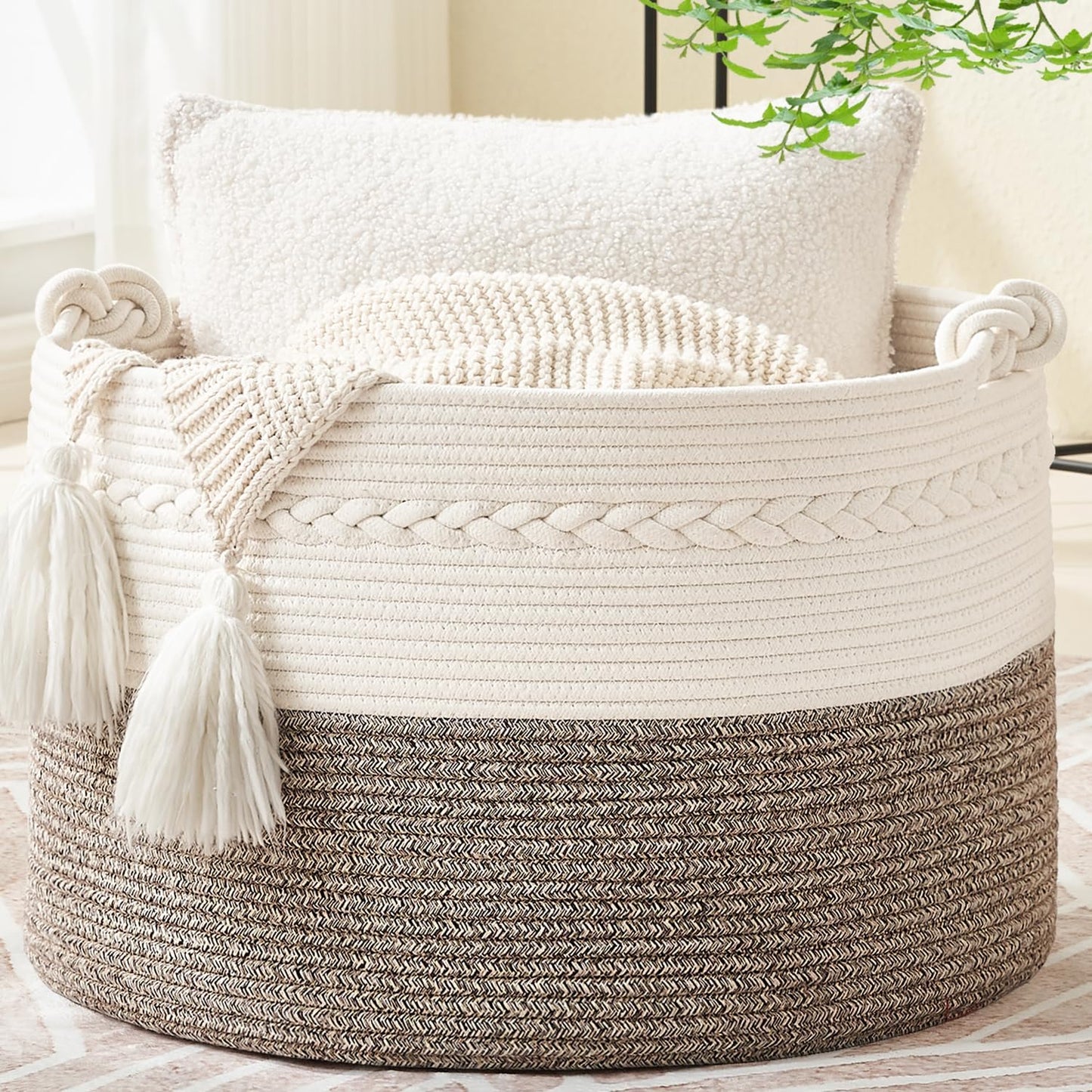 Large Cotton Rope Blanket Basket with Handles | Decorative Storage Basket