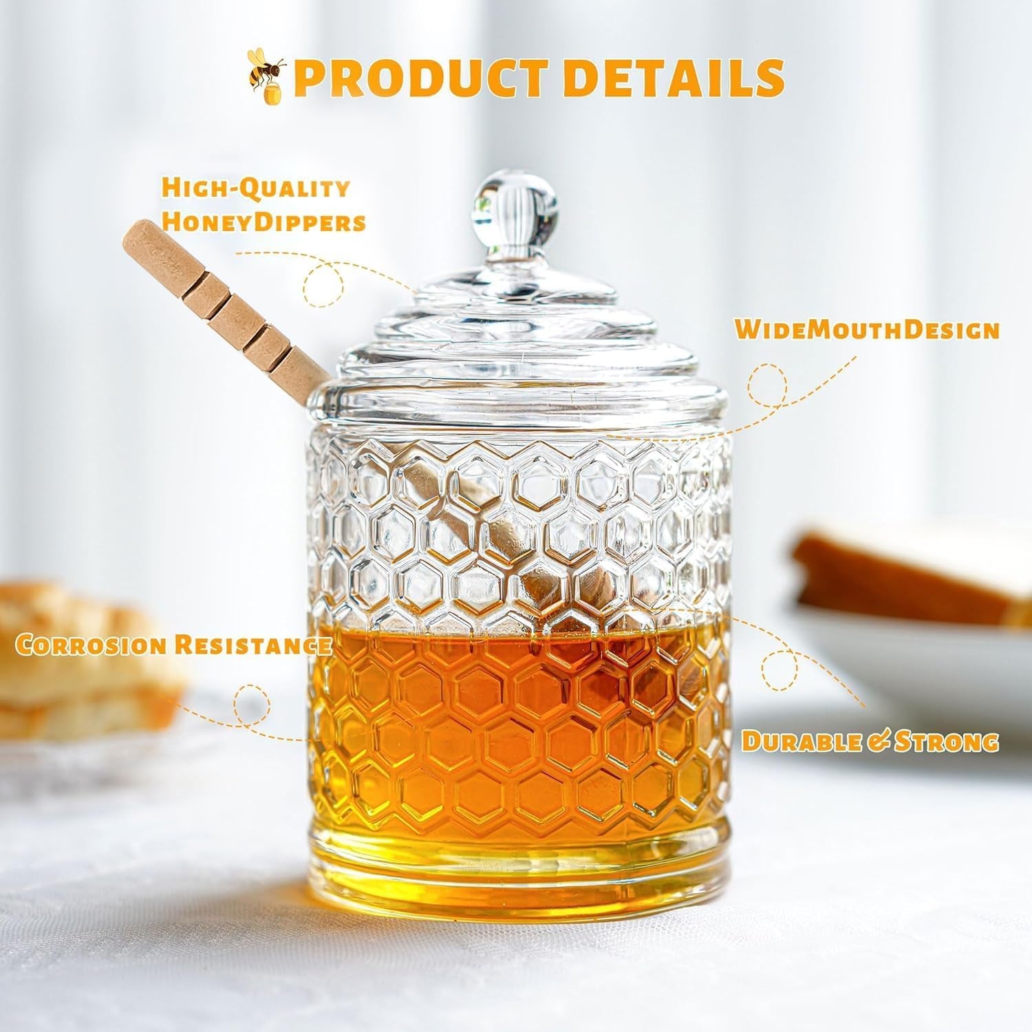 Crystal Glass Honey Jar with Dipper