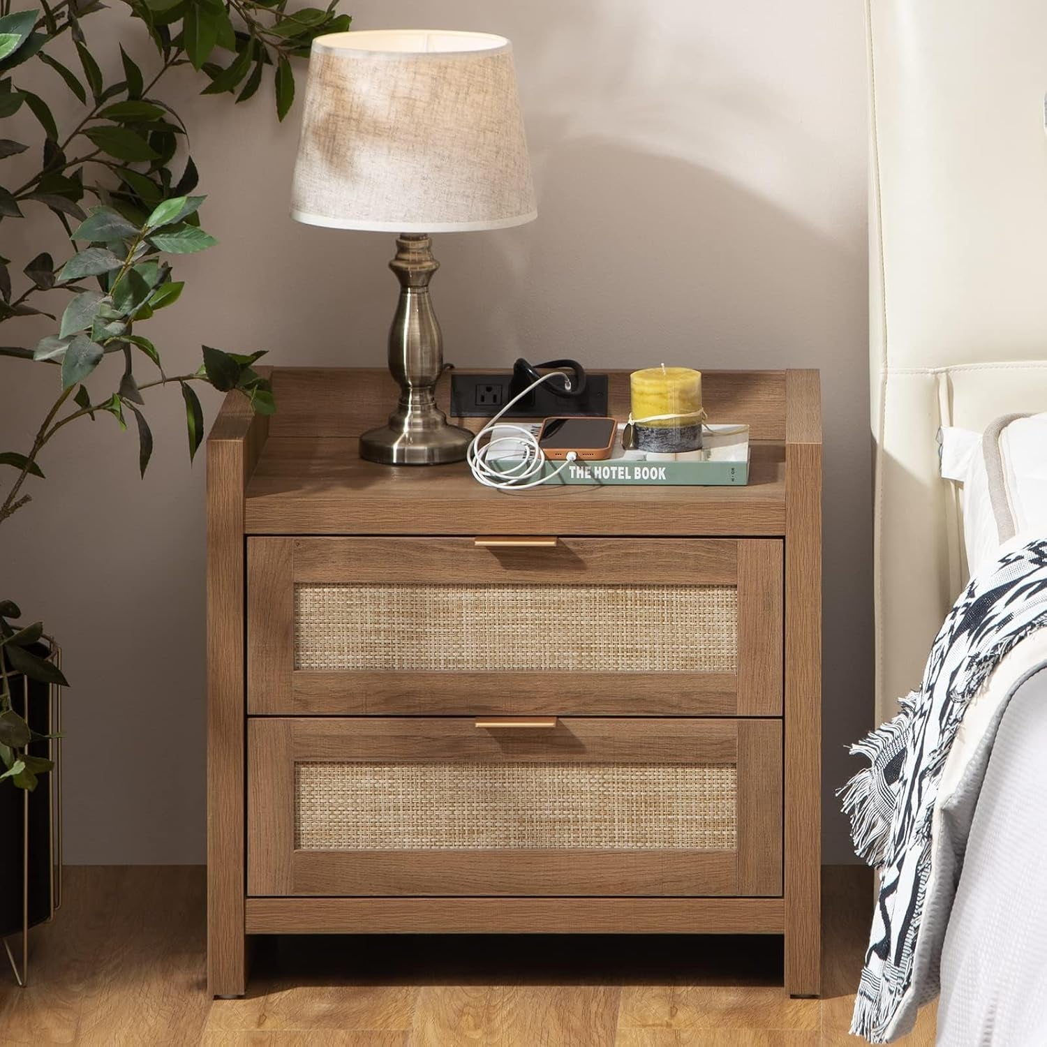 Modern Oak Rattan Nightstands with Charging Station – Set of 2