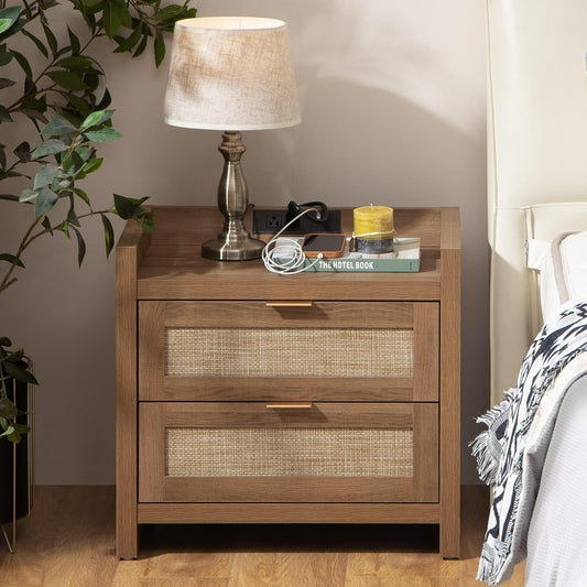 Modern Oak Rattan Nightstands with Charging Station – Set of 2