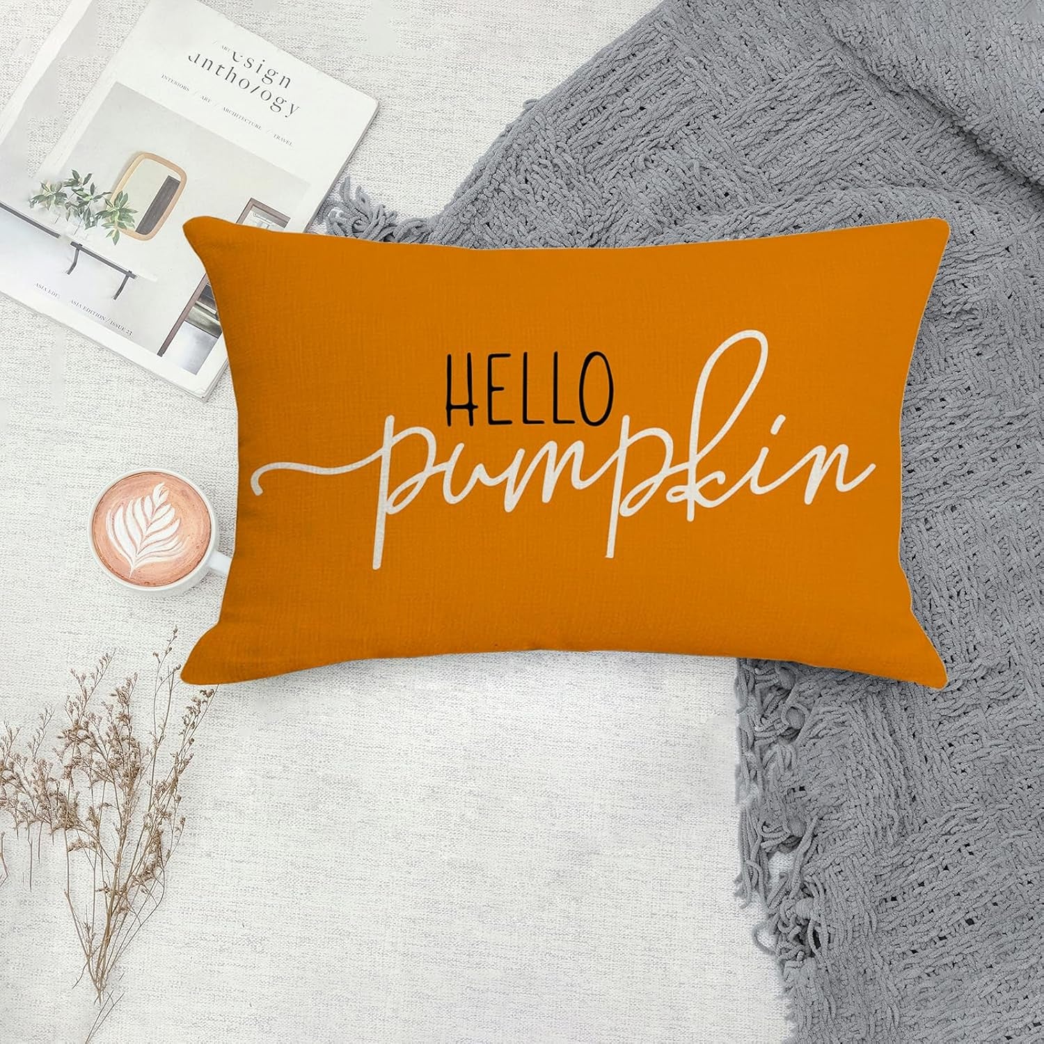 Hello Pumpkin Pillow Cover 12X20 Orange Bolster Outdoor Decorative Pillow Cover Fall Lumbar Pillow Covers for Fall Autumn Decor