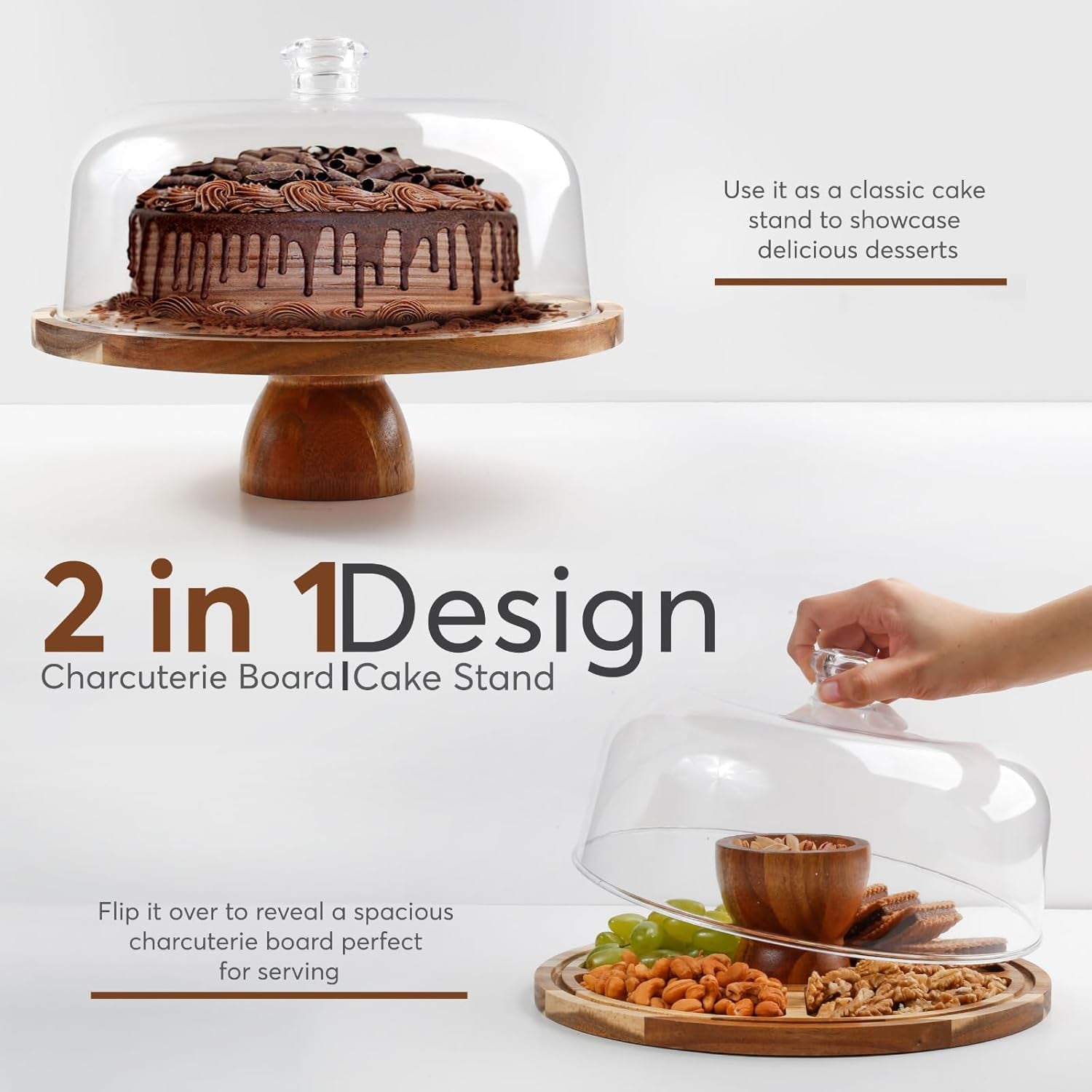 Reversible acacia wood cake stand that converts into a serving board for charcuterie and desserts.