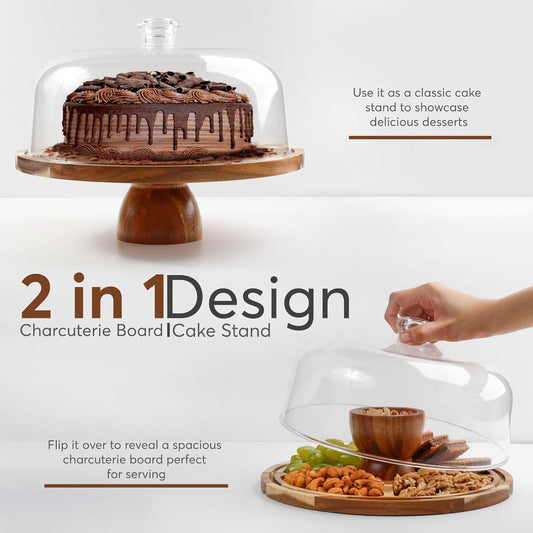 Reversible acacia wood cake stand that converts into a serving board for charcuterie and desserts.