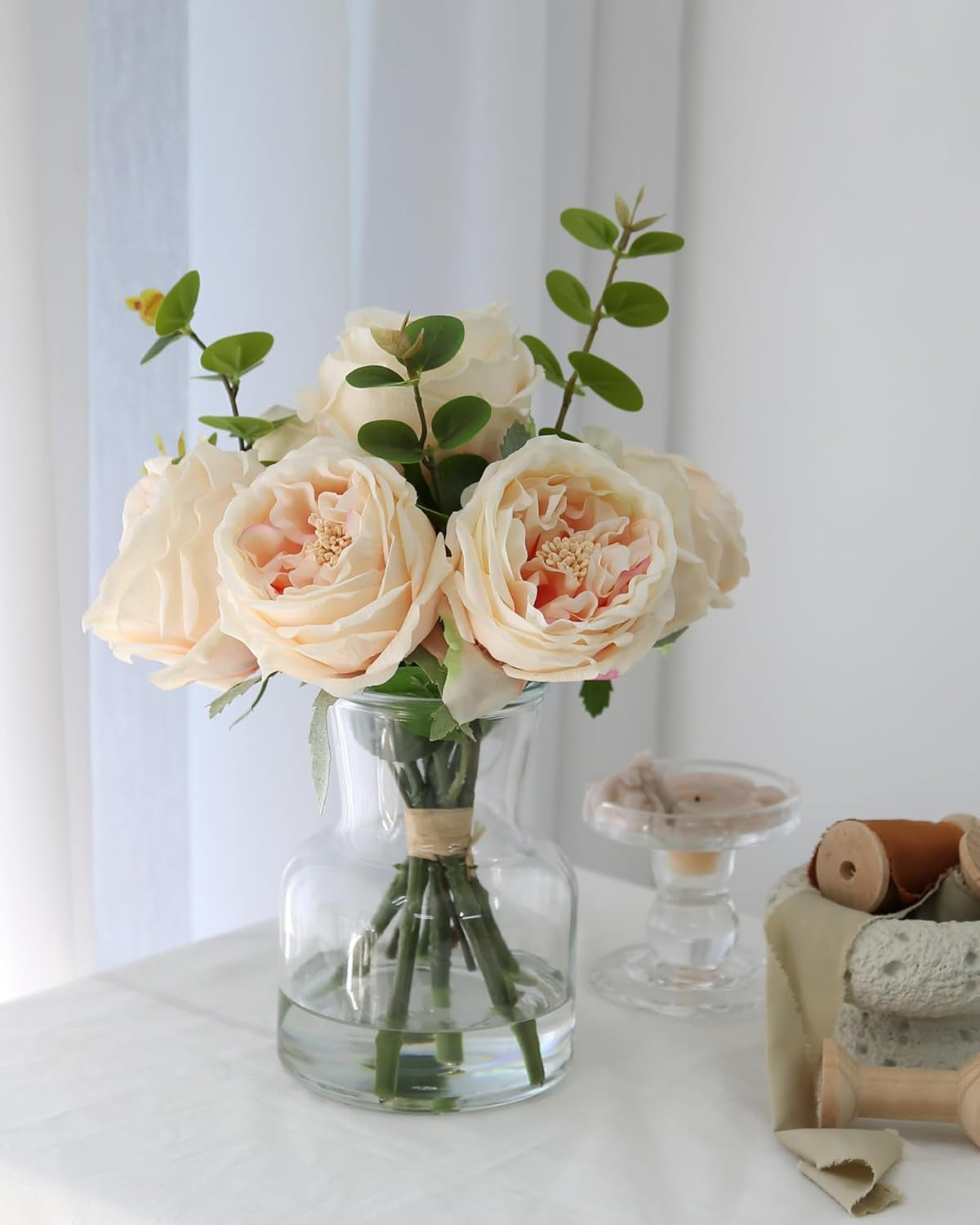 Faux Champagne Rose Arrangement in Glass Vase