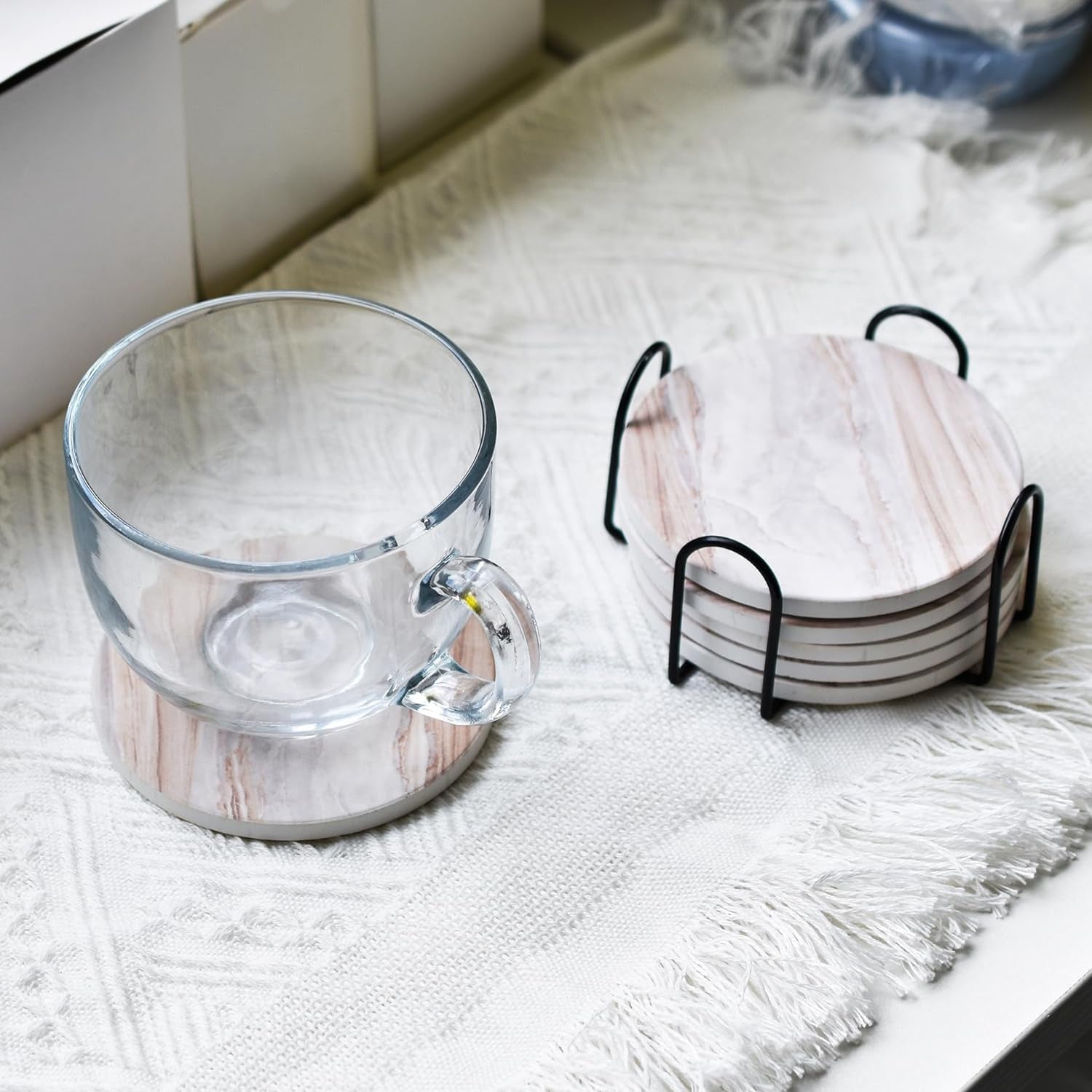 Marble Ceramic Drink Coasters with Holder | Set of 6 Absorbent Coasters