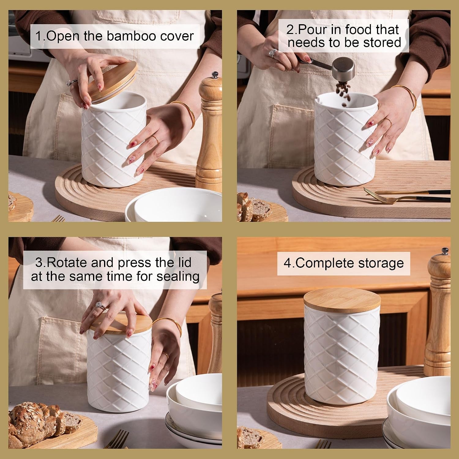 Embossed Ceramic Kitchen Canister Set with Bamboo Lids