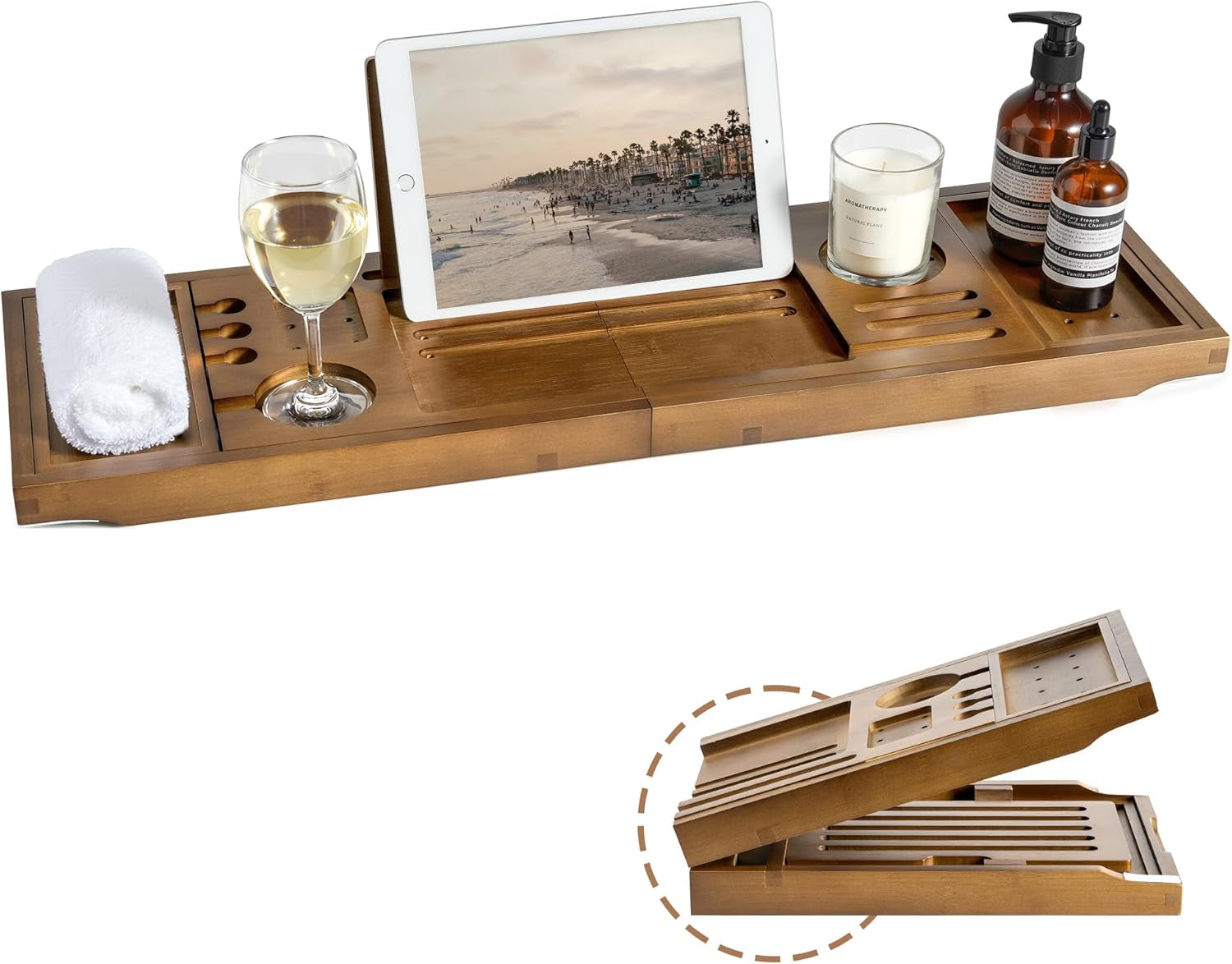 Expandable bamboo bathtub caddy tray with walnut finish, wine glass holder, tablet stand, and spa bath accessories.
