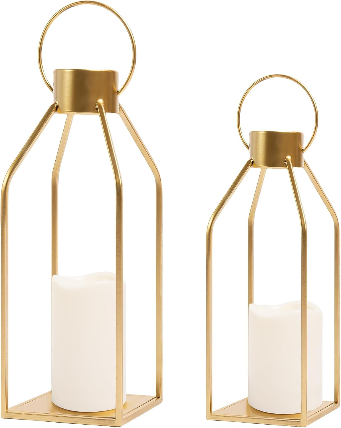 Modern Gold Metal Lantern Set with LED Candles – Set of 2
