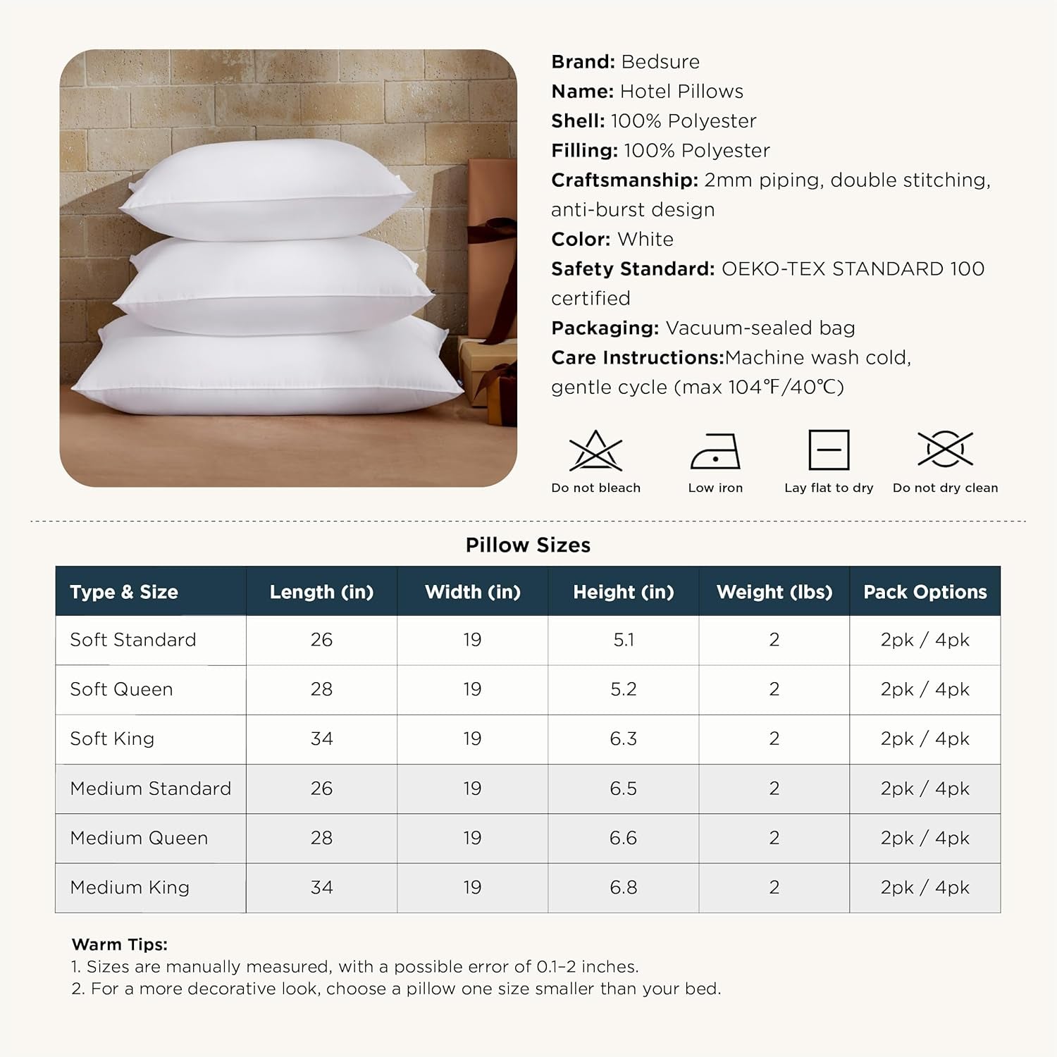 Bedsure Pillows Standard Size Set of 2 - Hotel Collection Bed Pillows for Sleeping, with down Alternative Filling, Soft Support for Back, Stomach or Side Sleepers, Standard, 26"X19", White, 2 Pack