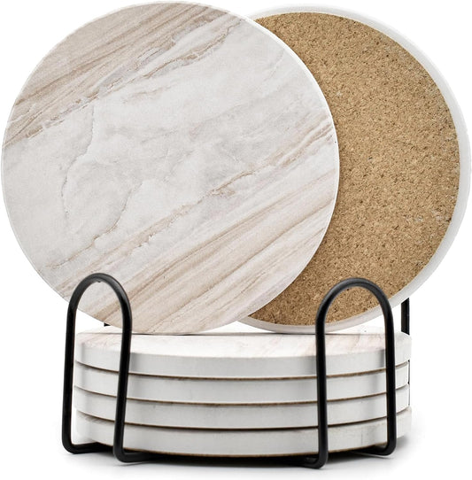 Marble Ceramic Drink Coasters with Holder | Set of 6 Absorbent Coasters