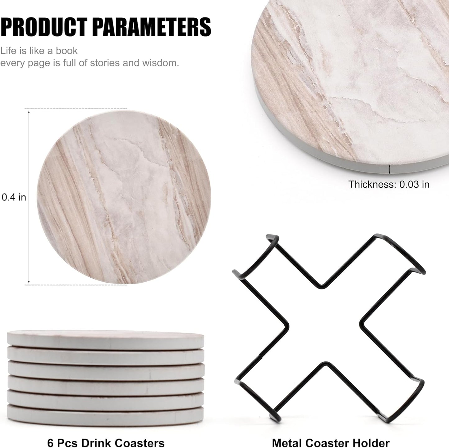 Marble Ceramic Drink Coasters with Holder | Set of 6 Absorbent Coasters