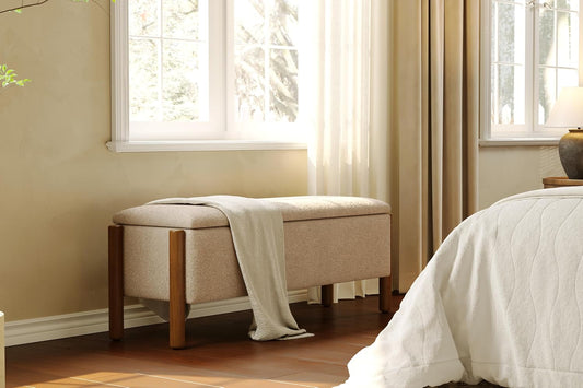 Modern Upholstered Storage Bench with Walnut Legs