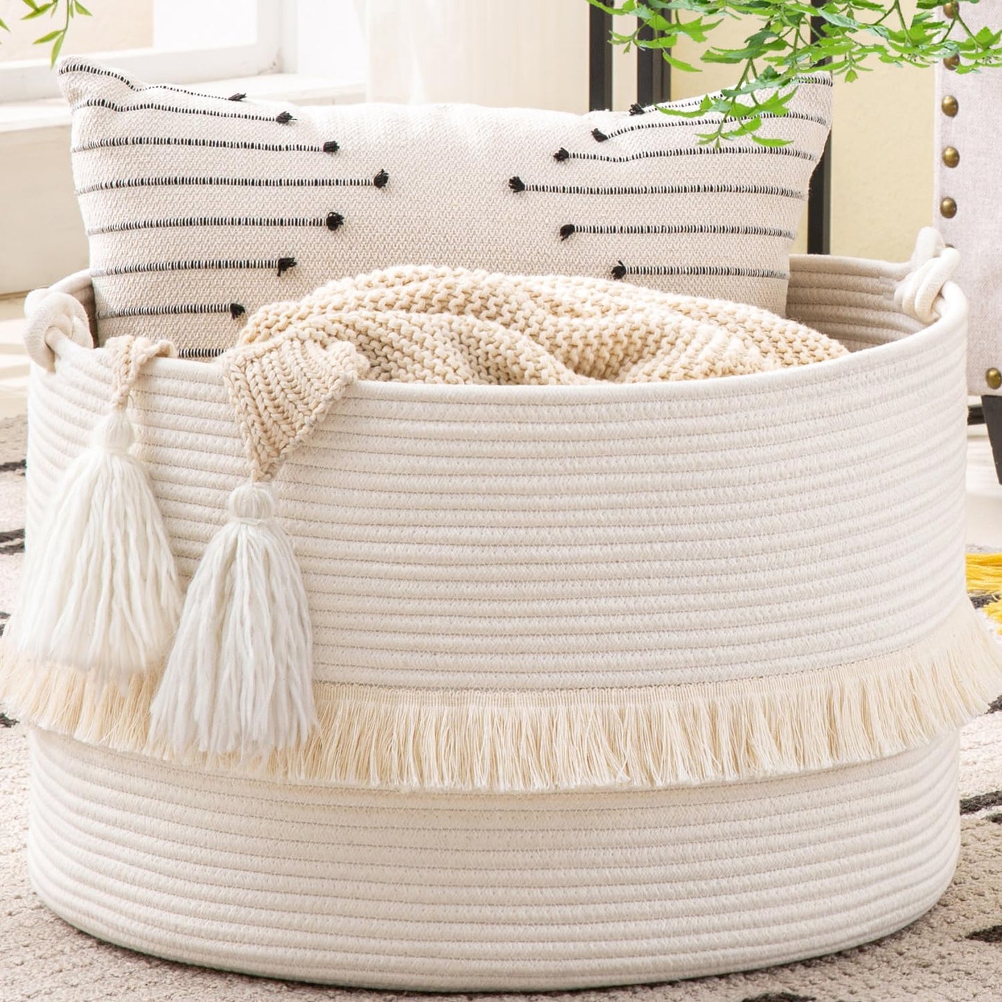 Large Cotton Rope Blanket Basket with Handles | Decorative Storage Basket