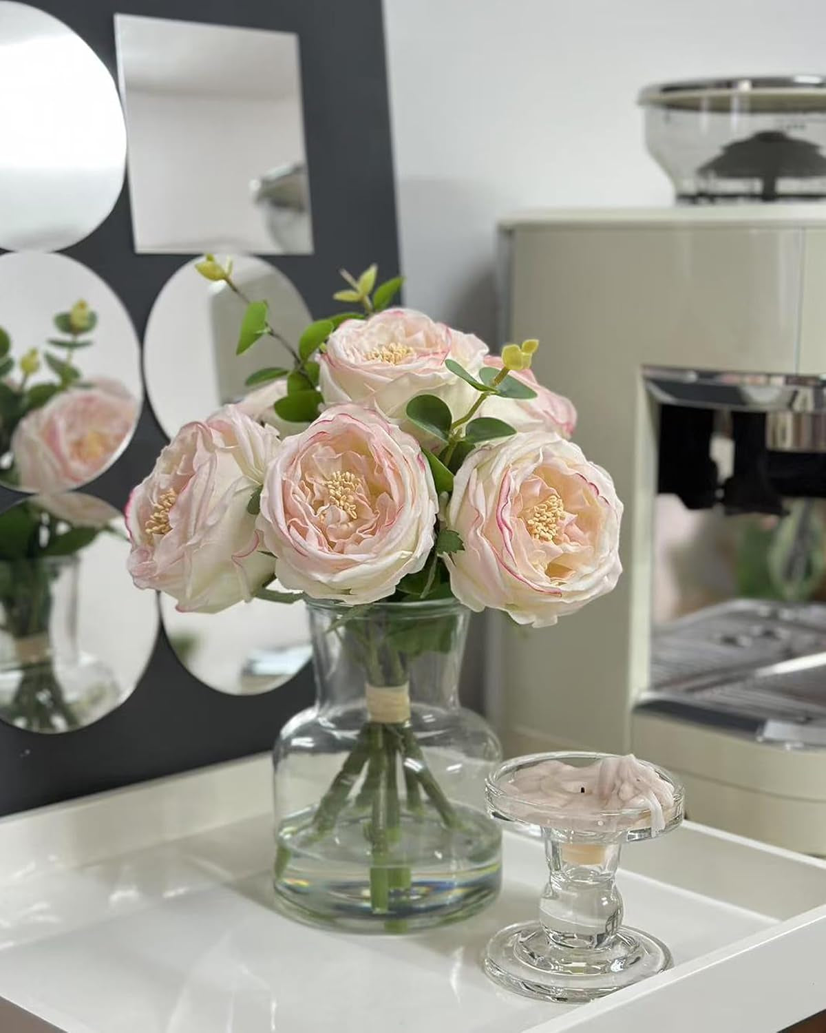 Faux Champagne Rose Arrangement in Glass Vase