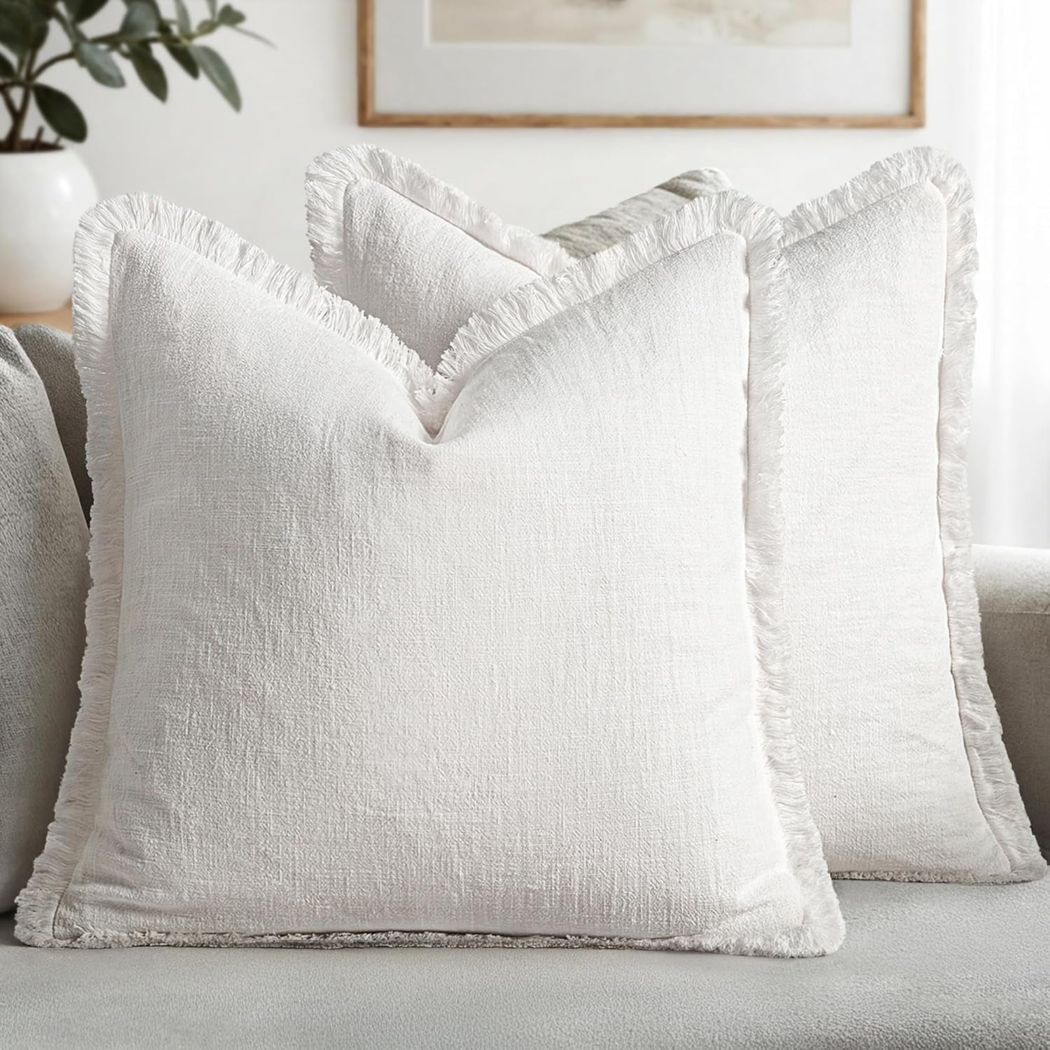 Decorative Throw Pillow Covers Neutral Linen Fringe Throw Pillows Set of 2 Natural Linen Boho Farmhouse Cushion Covers with Tassels for Couch Sofa Bed Spring Home Decor 24X24 Inch