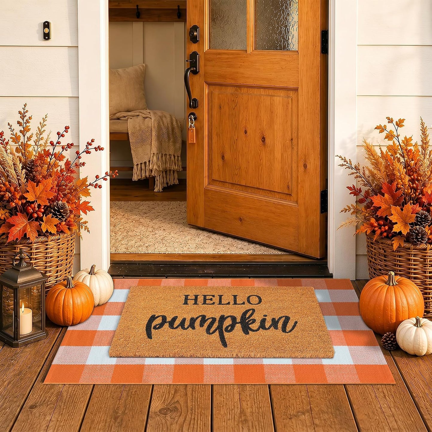 Fall Coir Welcome Mat & Plaid Rug Set