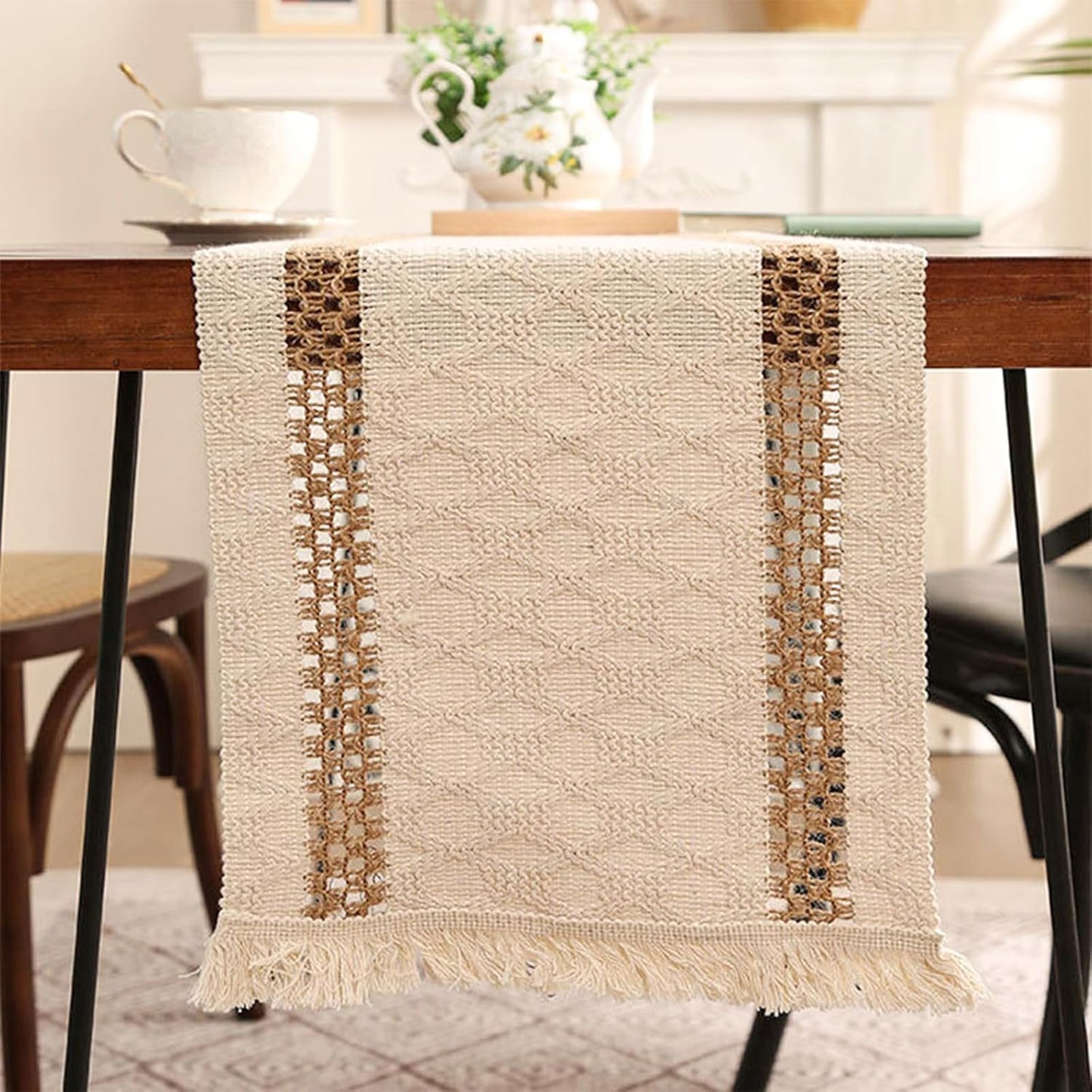 Neutral Boho Cotton Table Runner – Farmhouse Dining Décor