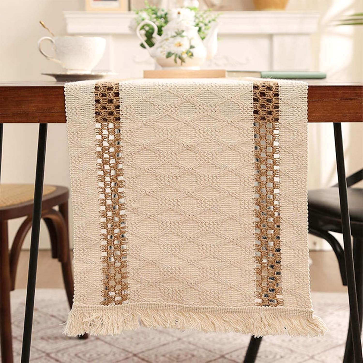 Neutral Boho Cotton Table Runner – Farmhouse Dining Décor