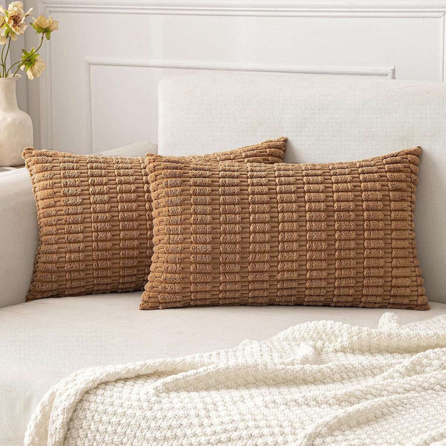 Boho Corduroy Decorative Throw Pillow Cover for Couch, Sofa & Bed