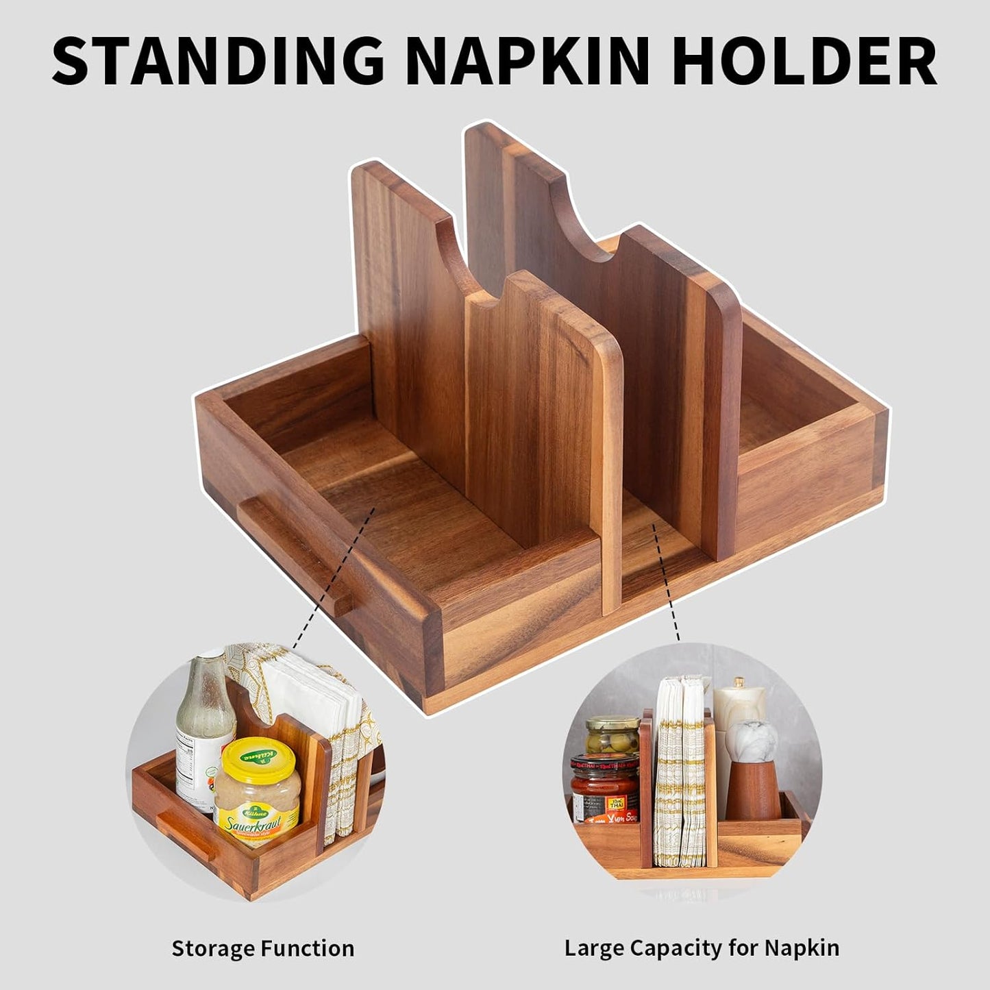 Acacia Wood Napkin Holder with Salt & Pepper Storage