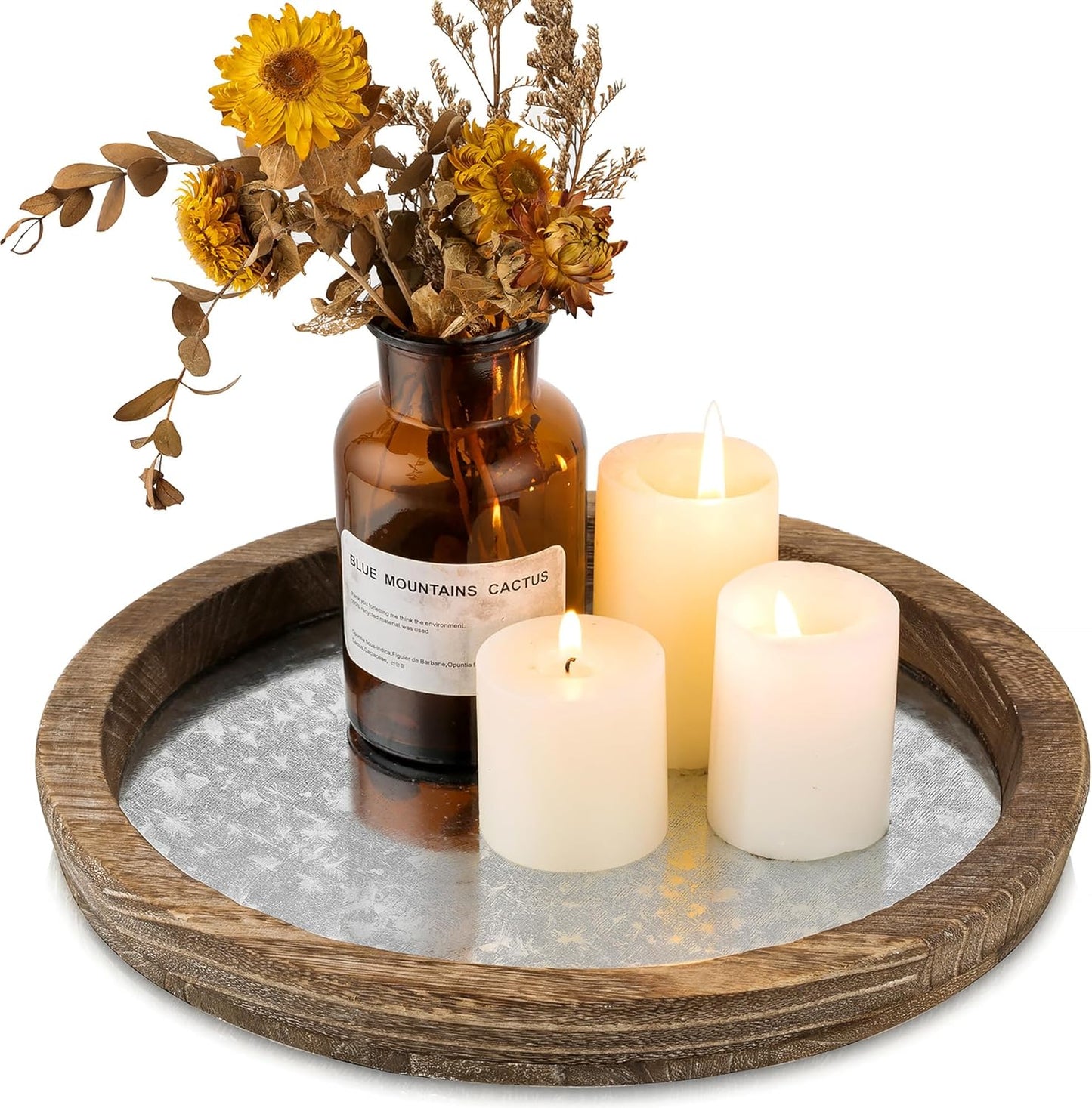 Round Wooden Decorative Tray | Rustic Farmhouse Accent Tray