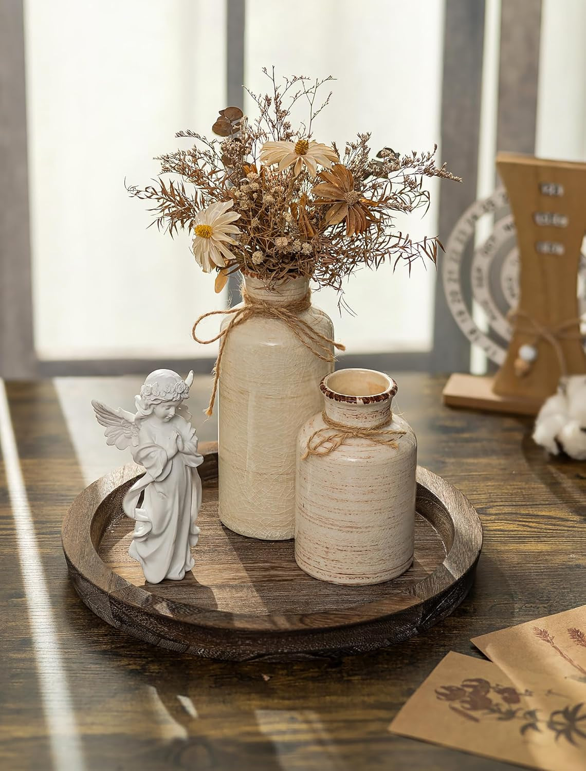 Round Wooden Decorative Tray | Rustic Farmhouse Accent Tray
