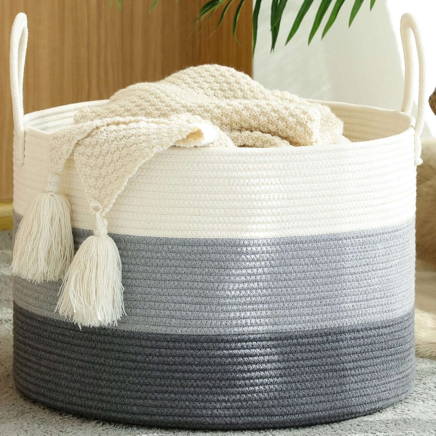 Large Cotton Rope Blanket Basket with Handles | Decorative Storage Basket