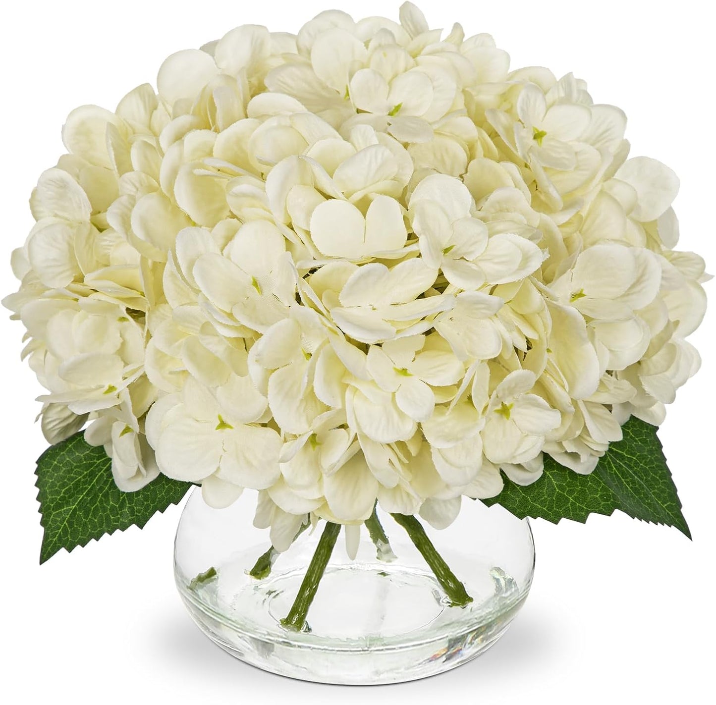 Faux White Hydrangea Arrangement in Glass Vase