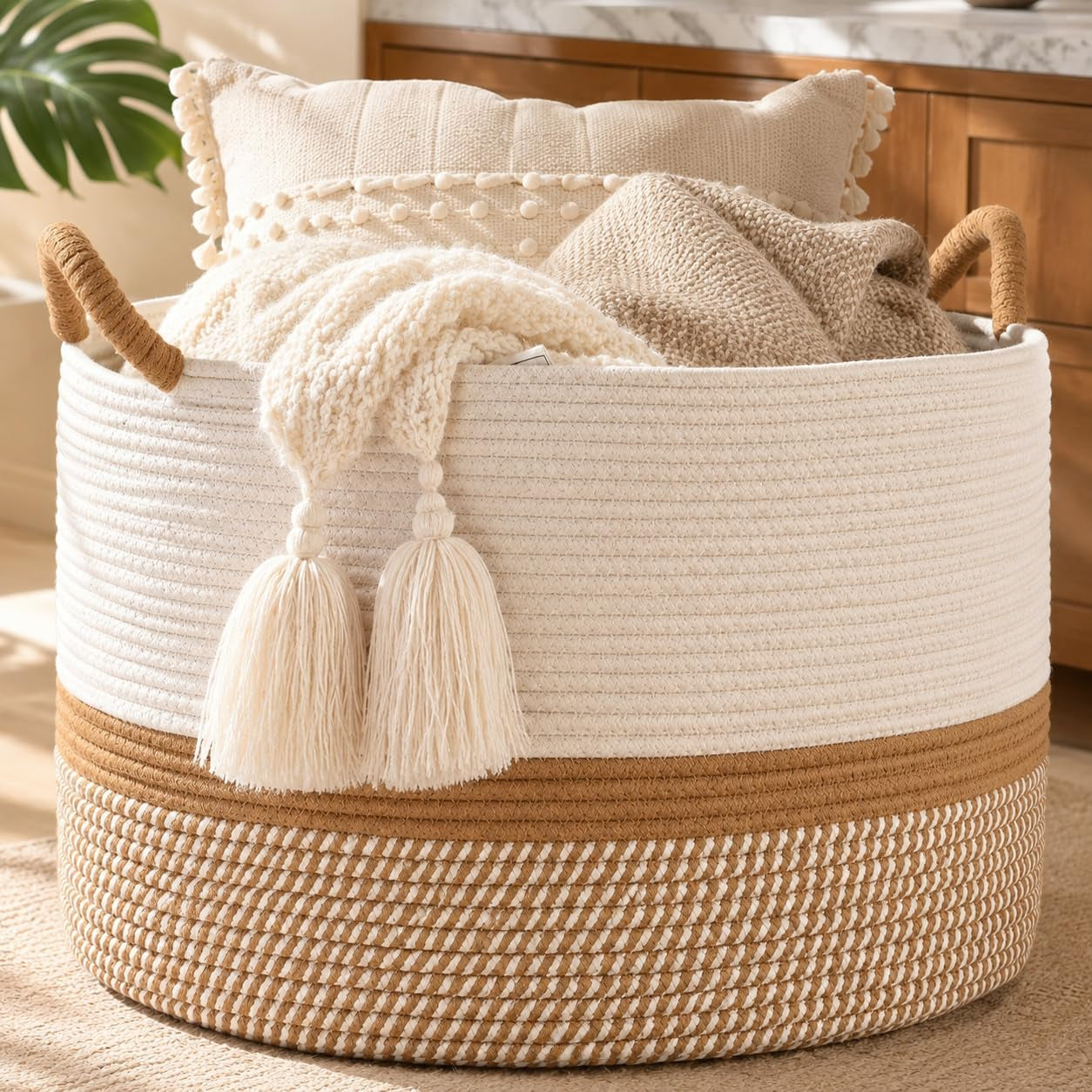 Large Cotton Rope Blanket Basket with Handles | Decorative Storage Basket