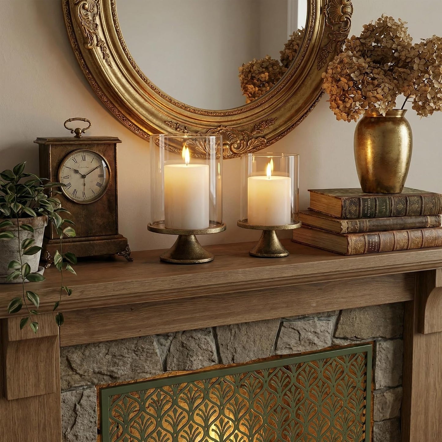 Set of 2 Hurricane Candle Holders with Glass Domes & Iron Bases