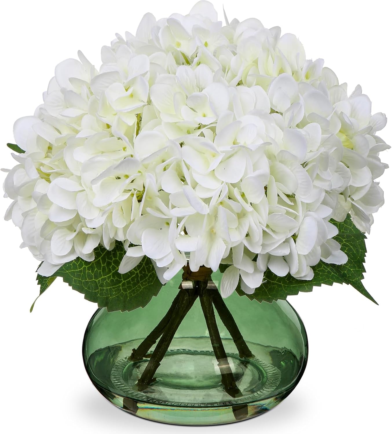 Faux White Hydrangea Arrangement in Glass Vase